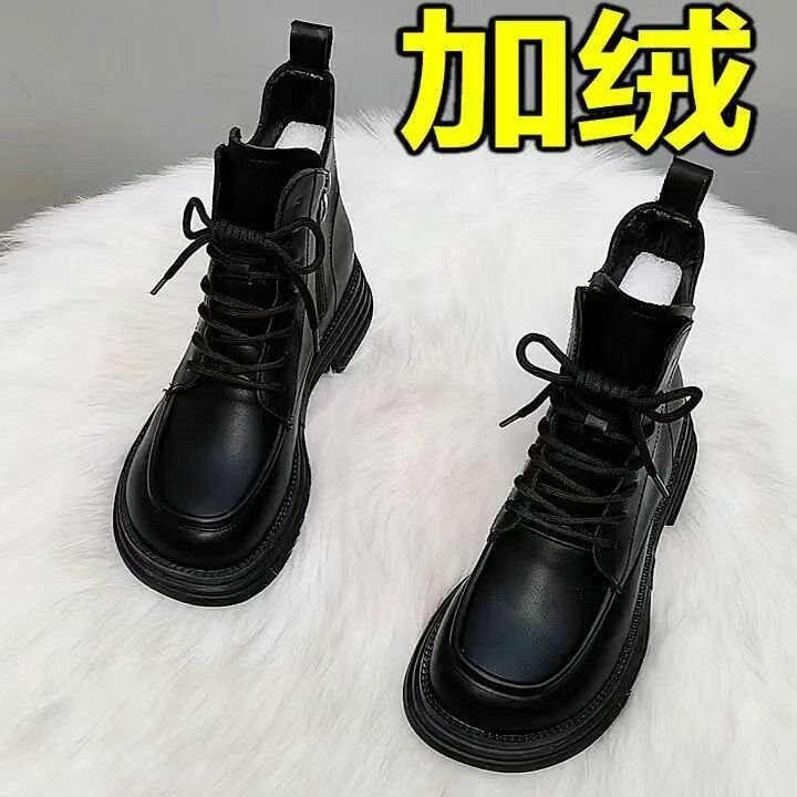软皮加绒马丁靴女棉靴2025秋冬新款厚底保暖短靴平底百搭加厚棉鞋|undefined