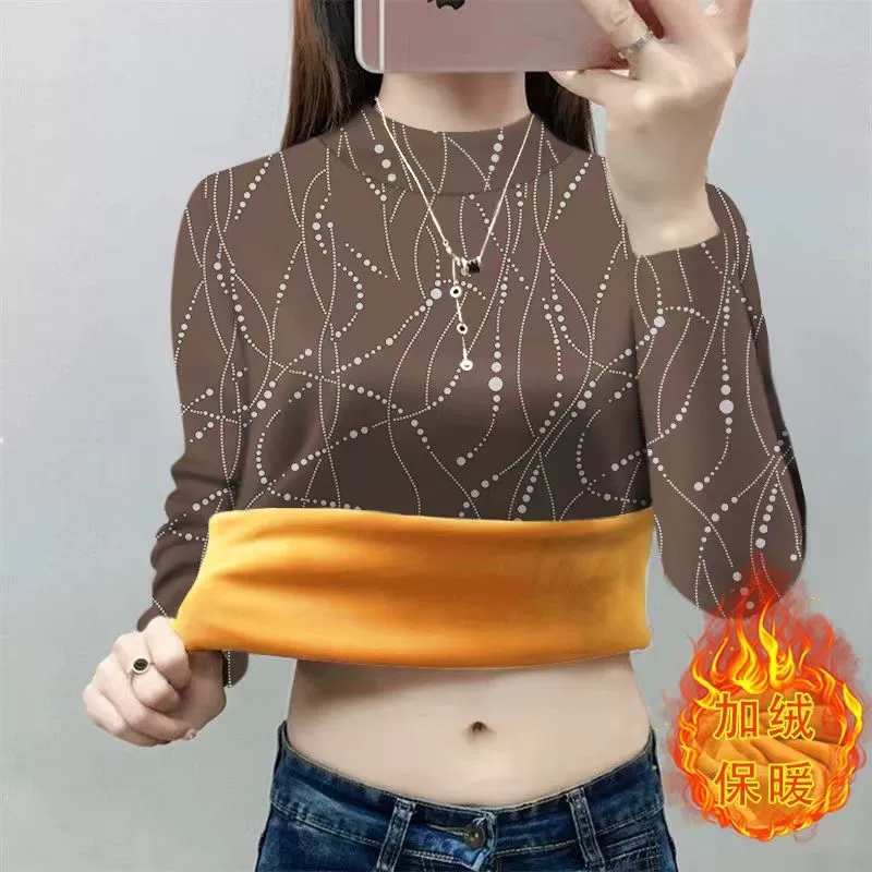 Плюшевый толстый нижний костюм мамы 2024 новый зимний полувысокий воротник модная футболка с длинными рукавами теплый топ