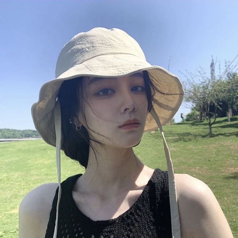Japanese drawstring fisherman hat for women, summer thin breathable lightweight sun hat for shade, versatile face-hiding bucket hat, trendy