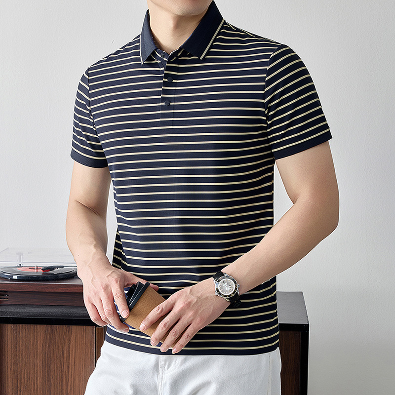 2026 New Summer Striped Polo Shirt Casual Fashion Versatile Turn-Down Collar Short-Sleeve Middle-Aged and Young Men's Half-Sleeve Dad Shirt