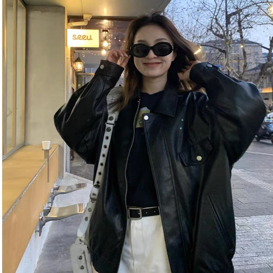 2025 New Spring and Autum Zipper Lapel Pu Leather Jacket Women's Short Loose Slim American Retro Motorcycle Jacket