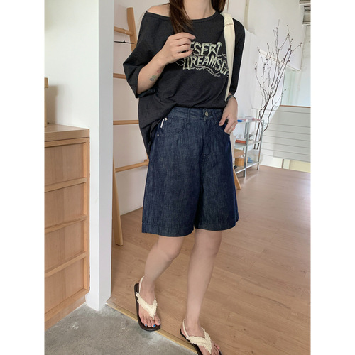 GAGD Retro Denim Color Hempen Women's Summer Thin Casual Straight Leg 5-inch Denim Pants