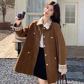 美拉德复古翻领麂皮丝绒外套女2025新款秋冬中长款小香风工装风衣