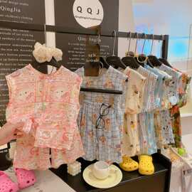 儿童套装夏季新款A类棉绸男女童时尚透气背心宝宝无袖两件套睡衣
