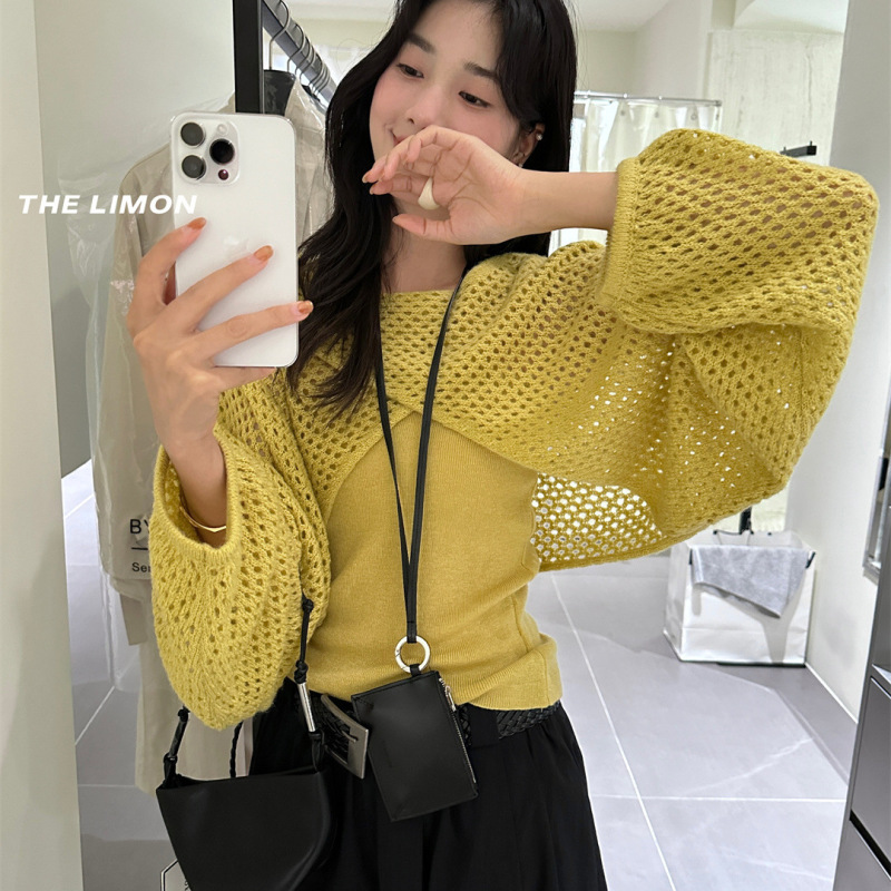 thelimon柠檬绿茶2025秋季设计感镂空针织衫加内搭背心吊带套装女|undefined