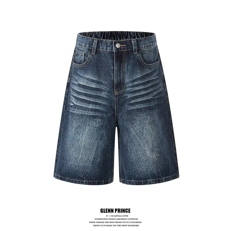 American Retro Casual Trendy Brand Whiskered Washed Vintage Loose Wide-Leg Five-Point Side-Pocket Denim Shorts Simple and Versatile