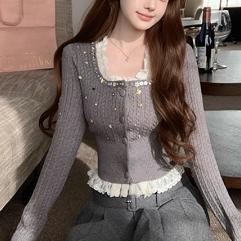 French-Style 25/Fw Starry Sky Handmade Fine Glitter Lace Gray Cable Knit Sweater Waist-Cinching Top