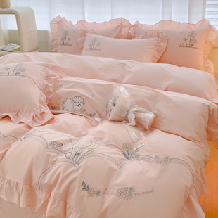 Princess Style 100 Pure Cotton Four-Piece Set Embroidered Cotton Washed Cotton Edge Quilt Cover Small Fresh Fitted Bed Sheets Bedding