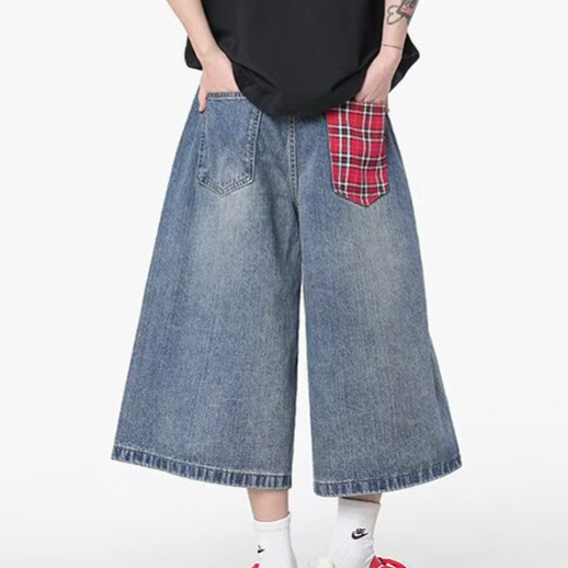 American Retro Plaid Splicing Wide-Leg Denim Shorts for Men in Summer High-Waisted Loose Casual Slimming Versatile Cropped Pants