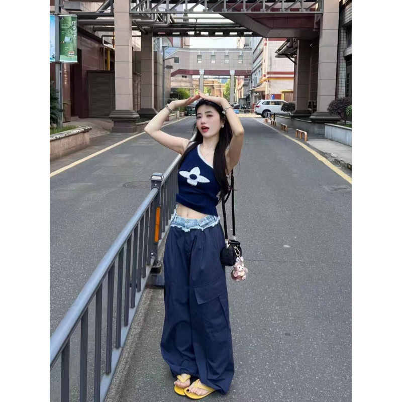 设计感斜肩背心上衣女夏季2025新款百搭高腰显瘦阔腿裤子时尚套装|undefined