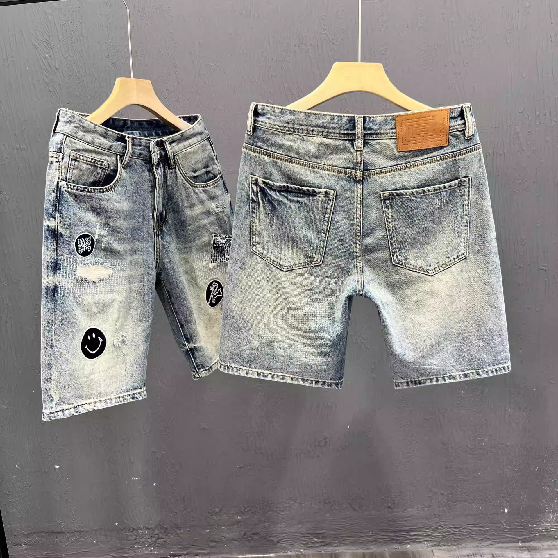 Men's Heavyweight Denim Shorts High Street Style Patchwork Embroidery Summer Cool Stylish Ripped Five-Point Pants Blue_voghion.com