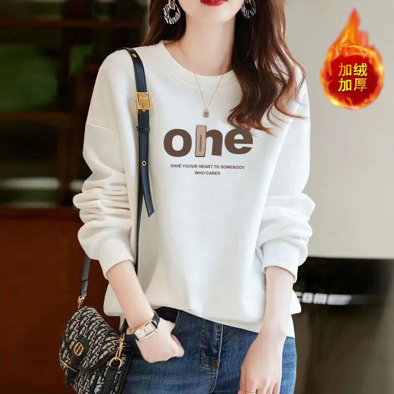 American Trendy Brand White Gray Hooded Sweatshirt for Women 2025 New Popular Autumn and Winter Round Neck Loose Top Jacket Fleece-Lined