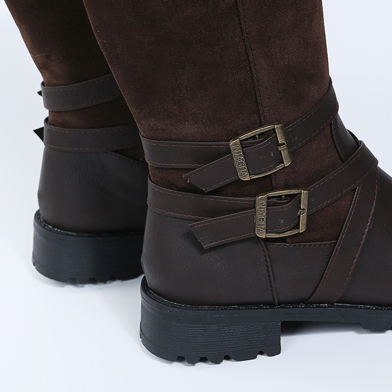 Damenschuhe, Martin-Stiefel mit mittlerer Röhre, Gürtelschnalle, runder Kopf, niedriger Absatz, Ritterstiefel mit seitlichem Reißverschluss, Lederstiefel_voghion.com