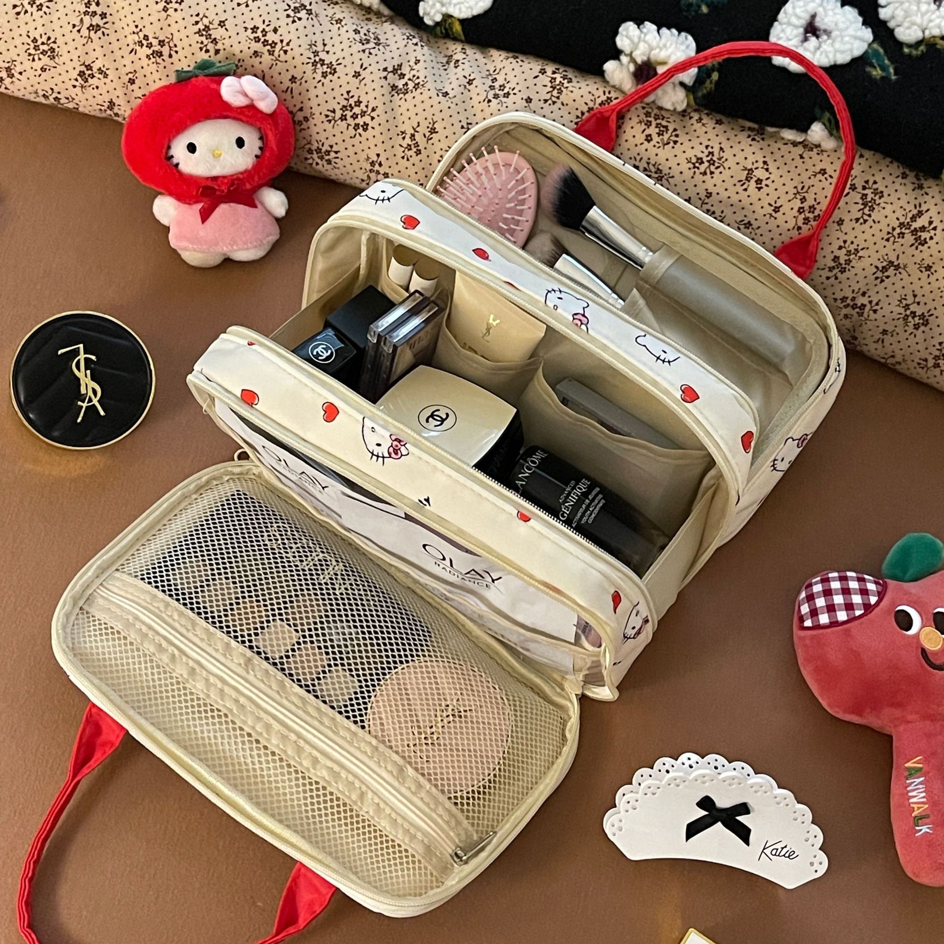 Nuevo lindo gato de tres capas bolsa de maquillaje de gran capacidad portátil almacenamiento de viaje portátil bolsa de lavado de partición portátil