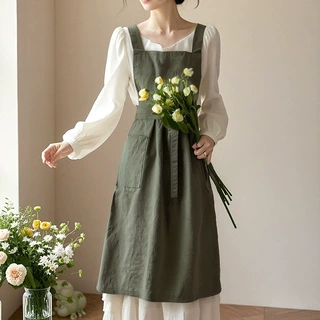 围裙韩版文艺风画室花店围腰工作服女士长款美甲店奶茶店轻薄透气