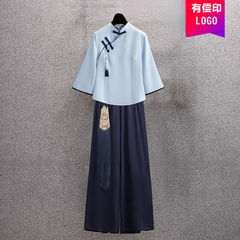 2025年新款复古棉麻旗袍套装女装斜襟盘扣采耳师茶服唐装女阔腿裤
