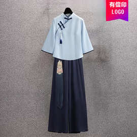 2025年新款复古棉麻旗袍套装女装斜襟盘扣采耳师茶服唐装女阔腿裤