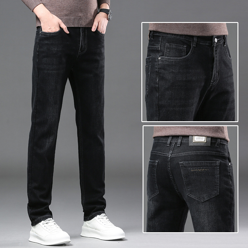 Winter Thickened High Quality Jeans, Straight Tube Cotton Elastic Polished Bottom, Protecting the Skin, Business Casual_voghion.com