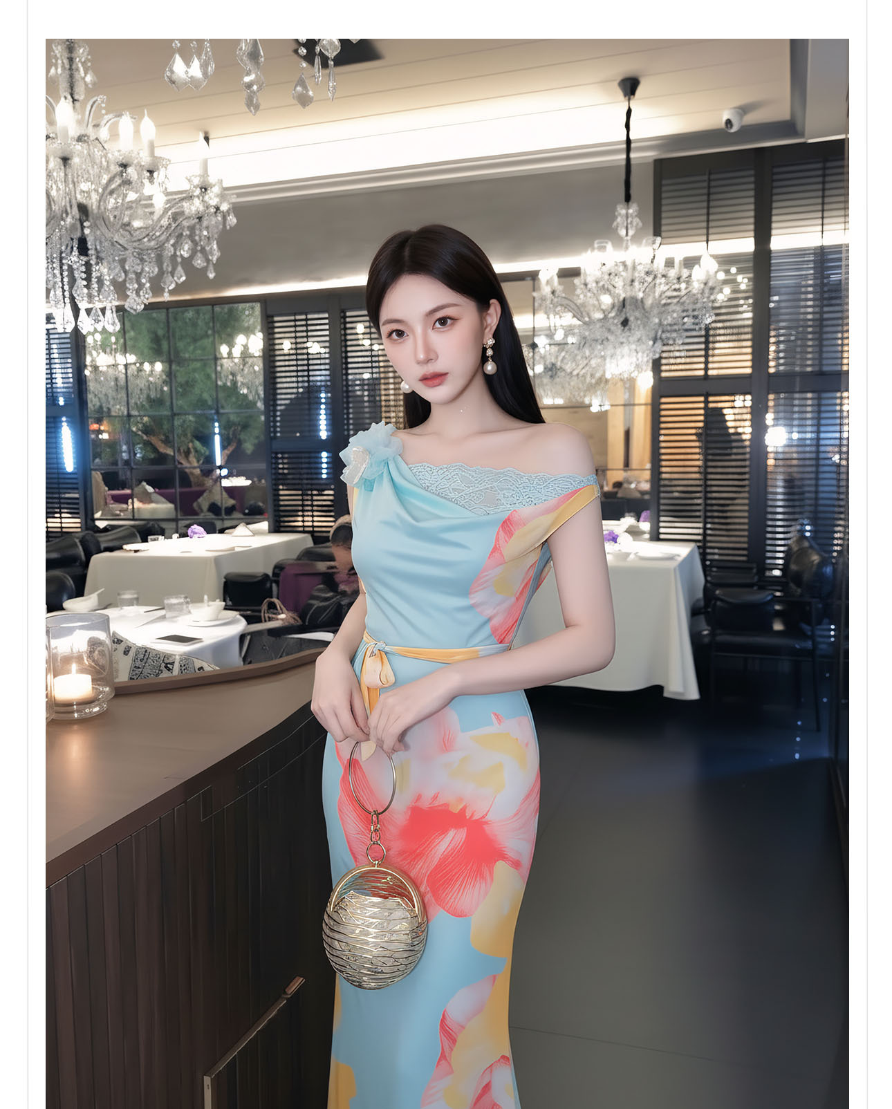 Đầm maxi nữ thắt eo phong cách tân cổ điển họa tiết in hoa dây rua — màu xanh nhạt chi tiết 2