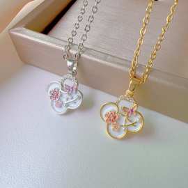 跨境饰品四叶草吊坠项链铜镶锆石满钻个性潮流蝴蝶结锁芯女保色