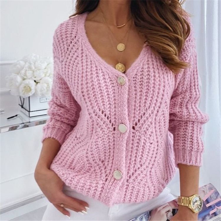 Solid Color Hollow Knit Single-Breasted Sweater NSJXW106477