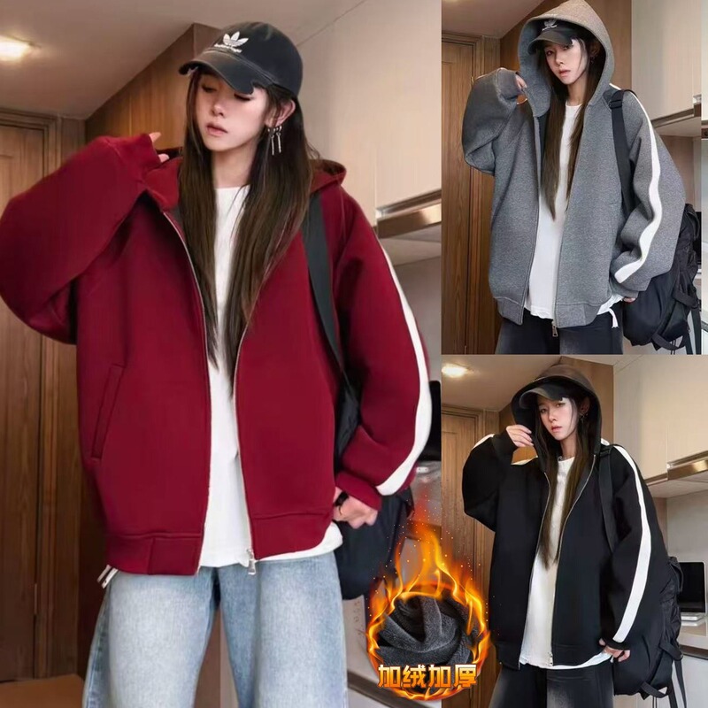 Hooded Cardigan Zipper Fleece-Lined Thickened Sweatshirt Men's Autumn and Winter Trendy Plus-Size Loose Long-Sleeve Top Jacket