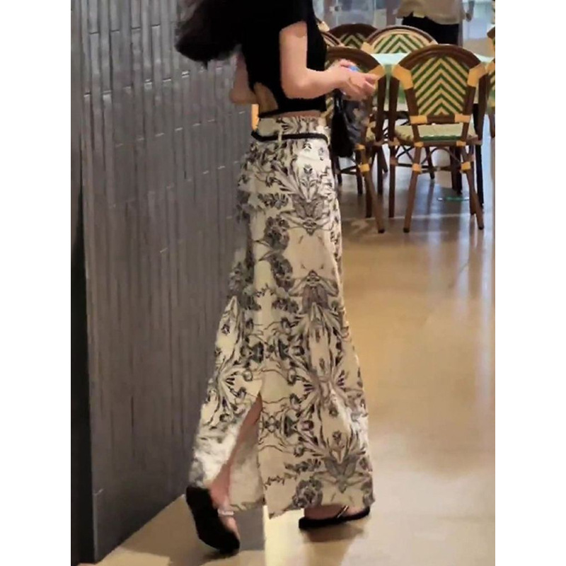 2025 New Retro Printed Skirt Women's Summer Thin Fashion High Waist Straight-Leg Skirt Drape Slim Slit Long Skirt