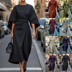 2025 外国貿易婦人服ヨーロッパとアメリカのクロスボーダーファッション気質エレガントな無地ウエストドレスカジュアルバットスリーブロングスカート