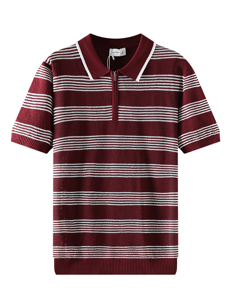 Hombres de alto nivel con cremallera con collar de hielo polo camisa de verano de punto de manga corta de negocios casuales chaqueta a rayas de hombre
