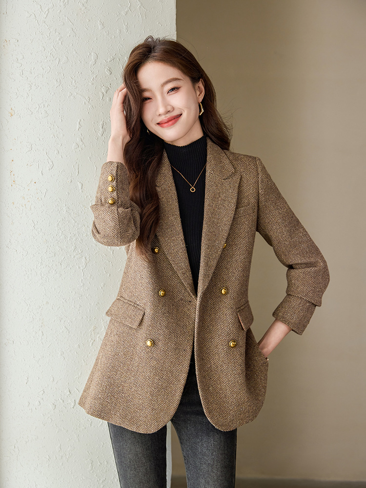 【海外貿易人気商品】高級ウールコーヒー色の綿入りスーツジャケット レディース 2026春秋 韓国風ダブルブレストジャケット