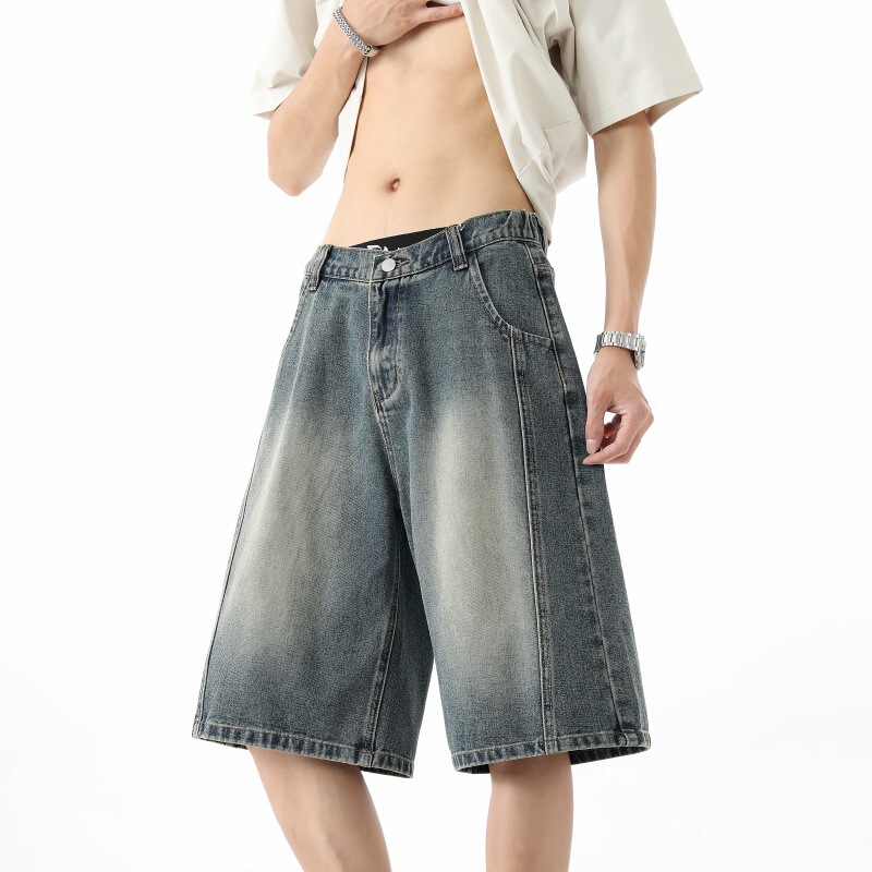 Designer Vintage Hip-Hop American-Style Distressed Washed Denim Shorts, Unisex Wide-Leg Straight Mid-Length Pants