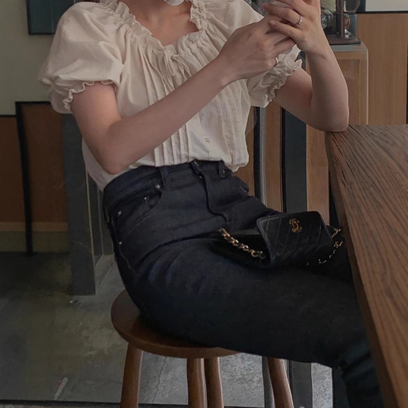 Ready Stock Women's Short-Sleeved Shirt Spring and Summer Women's Fungus Drawstring Elegant Fashion Versatile Top Vegab*E