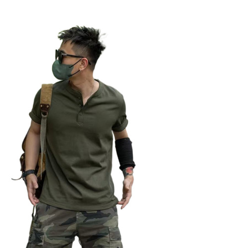 Men's Vintage American Short-Sleeve T-Shirt with Henry Collar, Honeycomb Weave, Trendy V-Neck Polo Shirt