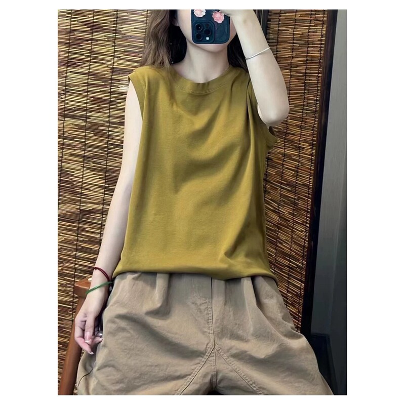 綿ルーズベストレディースアウター春夏ファットMM大きいサイズ痩身ラウンドネックノースリーブTシャツインナーレイヤリングトップ|undefined