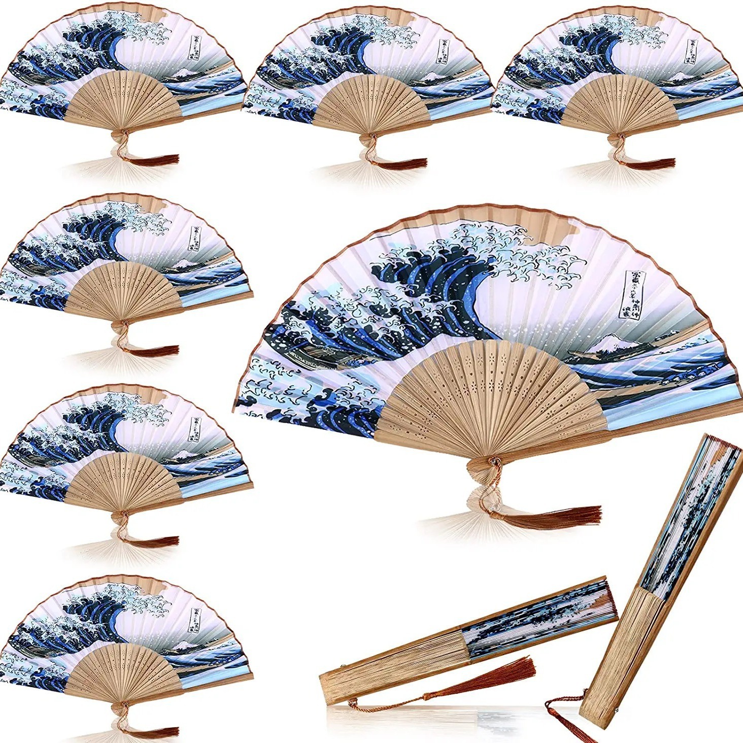 Hay en stock transfronteriza ola japonesa pequeño ventilador plegable serie japonesa SEDA-como ventilador de bambú Kanagawa ola