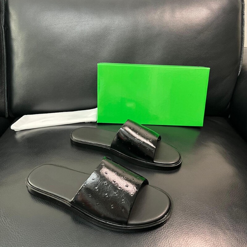 Cross-Border Hot-Selling Genuine Leather Light Luxury Style Flat Slippers, Bv Ostrich Pattern One-Strap Sandals, Direct Supply from the Factory