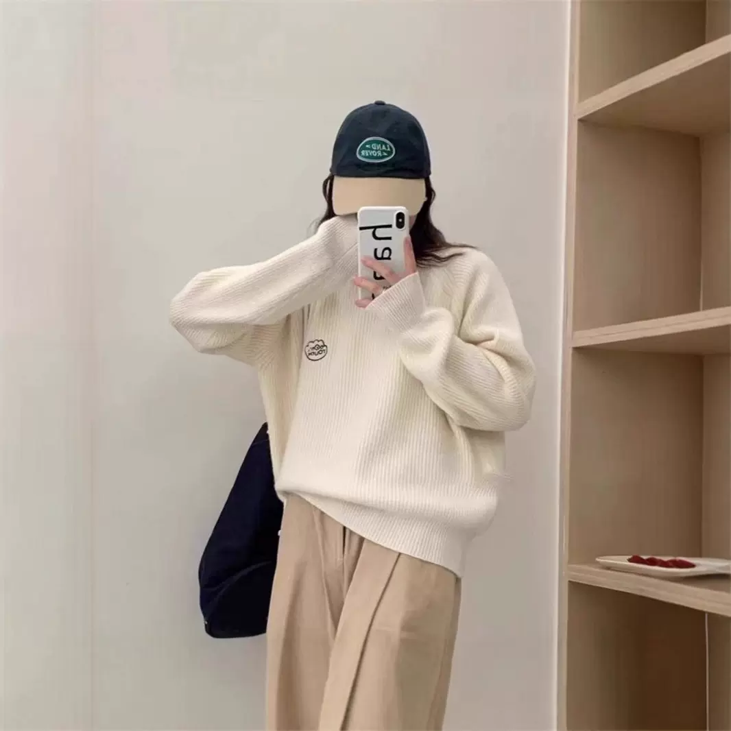复古经典圆领套头毛衣秋冬新款减龄韩版宽松百搭时尚针织衫