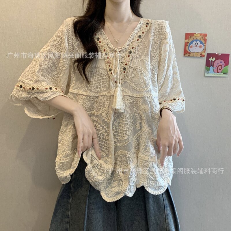 French Crochet Embroidered V Neck Lace Shirt Short-Sleeved Women's 2025 Summer New Large Size Fat mm Bohemian Style Top