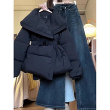 套装女2024冬季韩系气质大翻领棉服外套高腰显瘦牛仔阔腿裤两件套