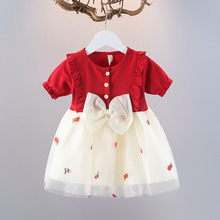 2025年夏季蝴蝶结飞袖裙女童韩版菠萝绣花网纱裙周岁公主棉连衣裙