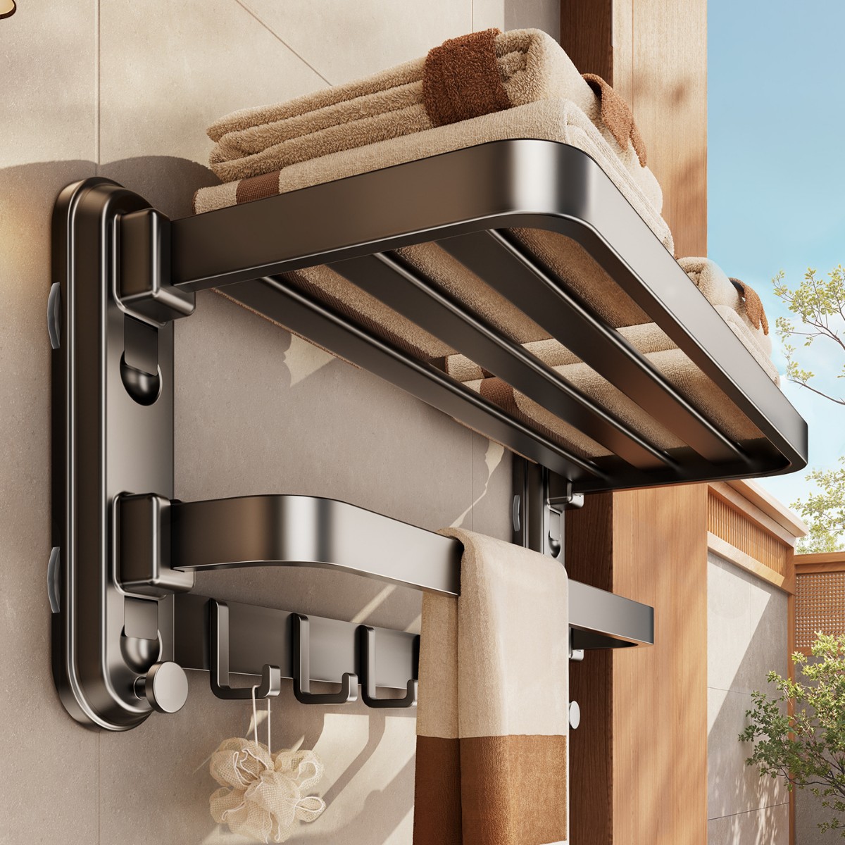 Suction Cup Towel Rack Bathroom Punch-Free Wall-Mounted Removable Double Folding Towel Rack Bathroom Towel Storage Rack