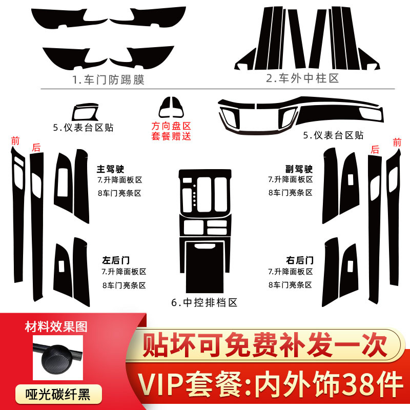 VIP 패키지: 인테리어 24 장 세트 + 안티 킥 필름 + 중앙 칼럼 공간 [매트 카본파이버 블랙]]