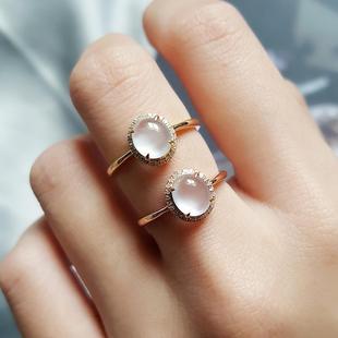 Natural Chalcedony White Ice Ring for Women Ice Sun Green Cabochon S925 Sterling Silver Inlaid Versatile Style Diamond Ring