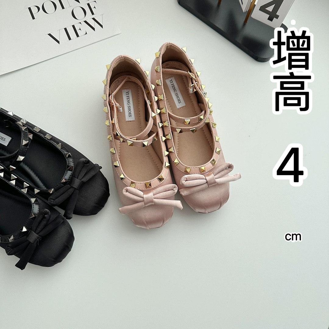 Балетки с заклепками и заклепками 4cm атласные туфли с перекрестными ремешками, милые и крутые стильные туфли-лодочки с бантом