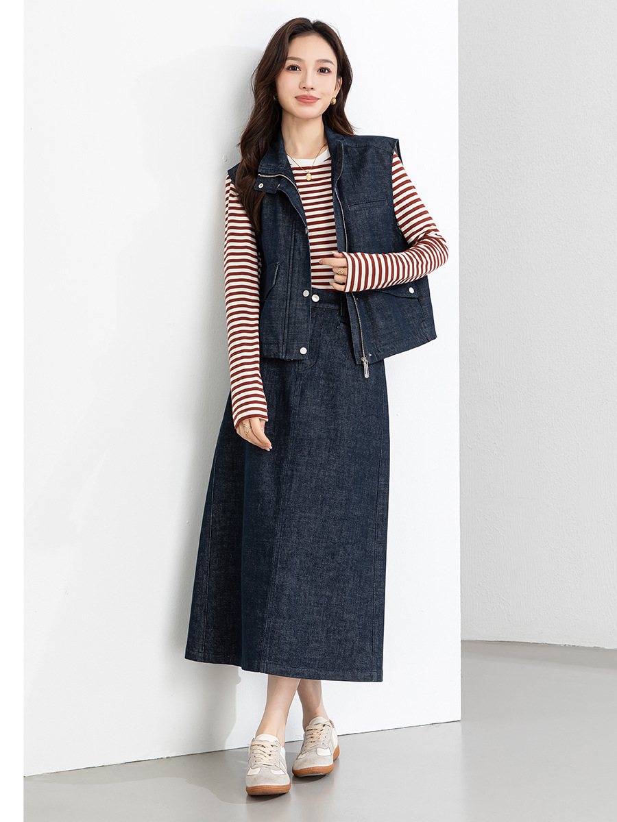 Áo vest gile denim không tay nữ kèm chân váy bút chì phối bộ — Mã màu xanh dương - AC66031
