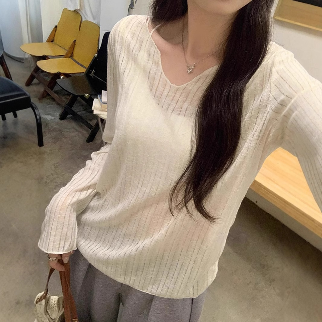 跨境批发春夏季防晒衣空调罩衫薄款微透木耳边长袖宽松T恤女上衣