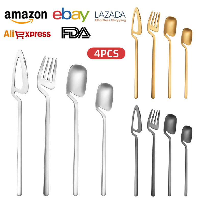 Cross-Border Amazon 304 Stainless Steel Knife, Fork and Spoon Ins Creative Hanging Cup Table Spoon Coffee Spoon 4Pcs Western Tableware Set