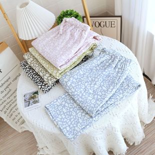 Crepe leopard print pajama pants women's four seasons thin pants with side pockets loose pants with drawstring cotton outerwear home pants