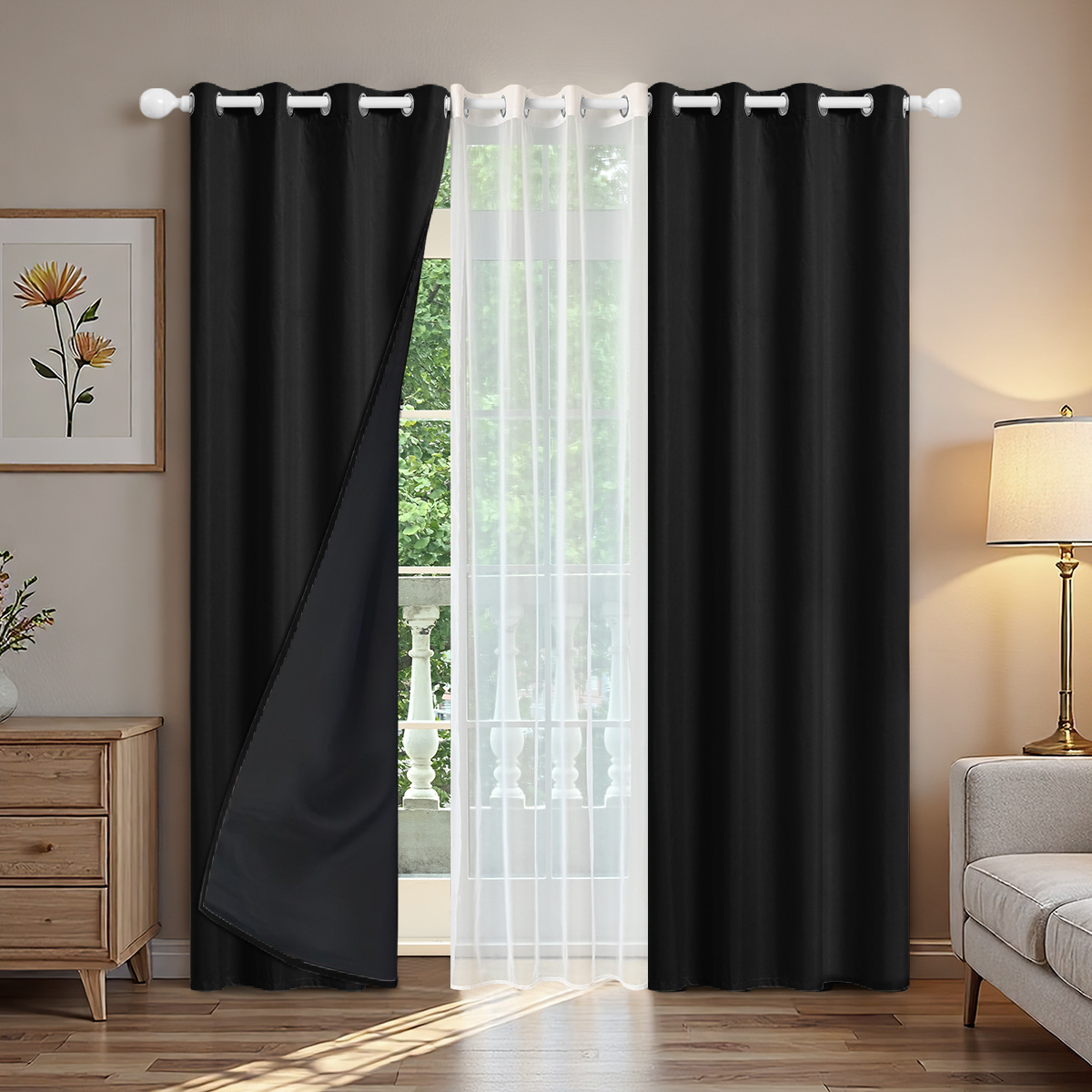 Cortinas perforadas transfronterizas conjuntos de cortinas textiles de primavera cortinas de sombreado 2pcs con doble cadena de tela de trilon 1pc