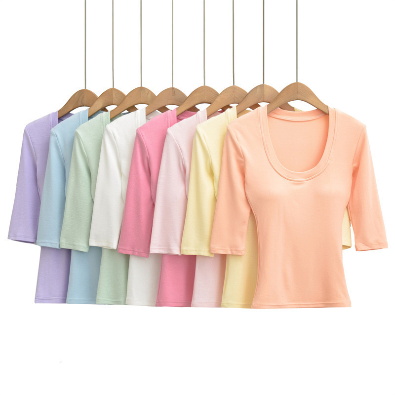 Korean-Style Fitted T-Shirt with Chest Pads and Mid-Sleeves for Women, Summer Basic Slim-Fit Solid Color Hot Girl Yoga Crop Top